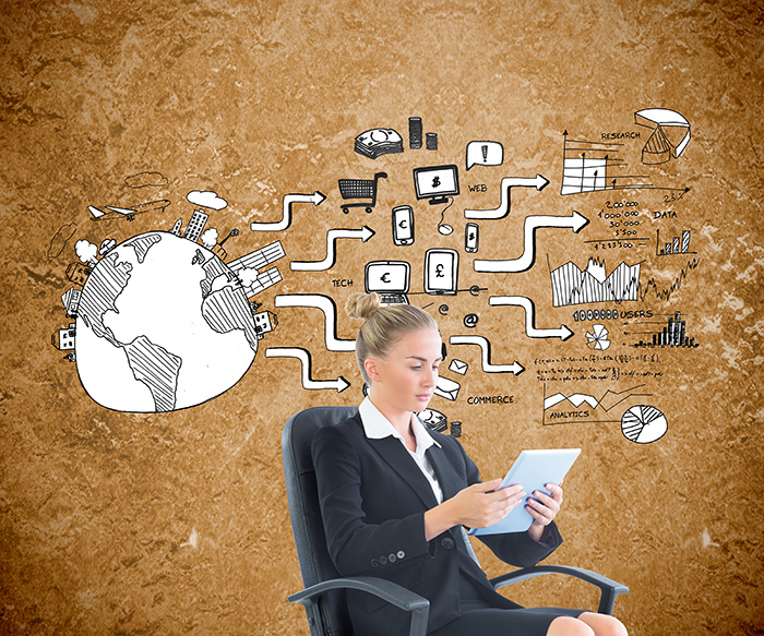 Composite image of blonde businesswoman sitting on swivel chair with tablet